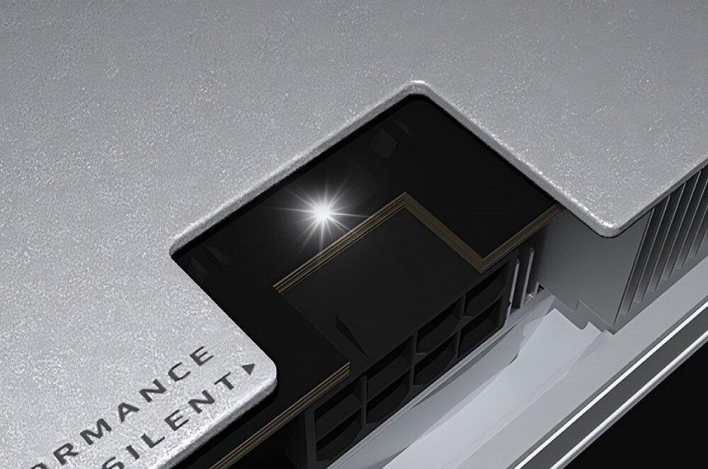 Karta graficzna GIGABYTE GeForce RTX 5060 Ti Aero OC 8GB DLSS 4 Widok wnętrza karty Gigabyte AERO z odsłoniętym gniazdem zasilania, otoczonym eleganckim metalowym backplatem