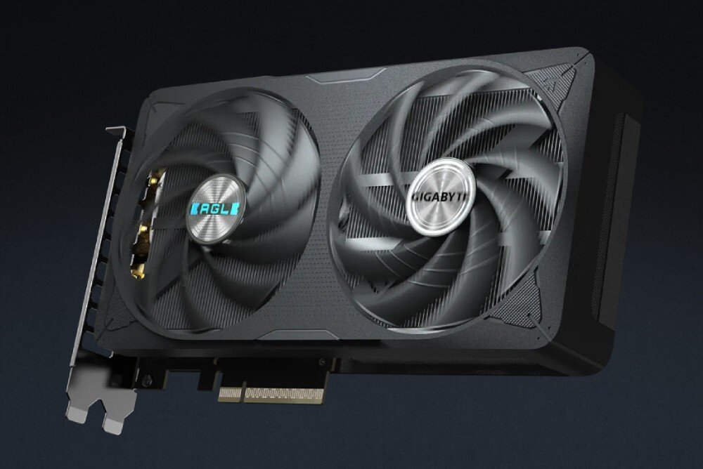 Karta graficzna GIGABYTE GeForce RTX 5060 Ti Eagle OC 8GB Karta z dwoma wentylatorami pokazana z boku, z widocznymi portami i złączem PCIe na dole, bezpieczeństwo