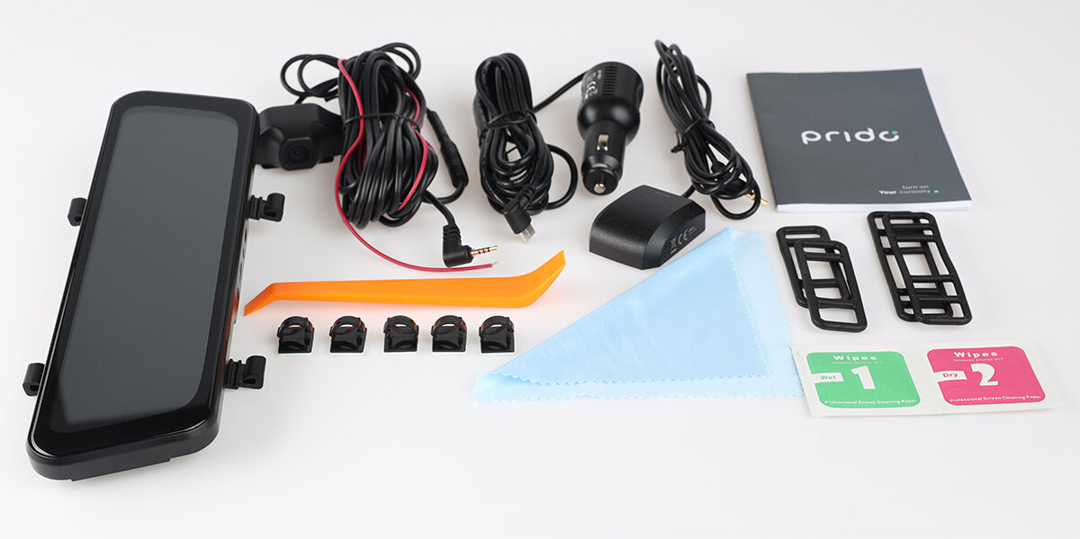 Wideorejestrator Prido X8 mocowanie wideorejestratora, kamera cofania + zestaw montażowy, ładowarka samochodowa 12/24V ze złączem USB-C, akcesoria ułatwiające montaż, akcesoria do czyszczenia lusterka, moduł Prido GPS M1 - zawartość zestawu