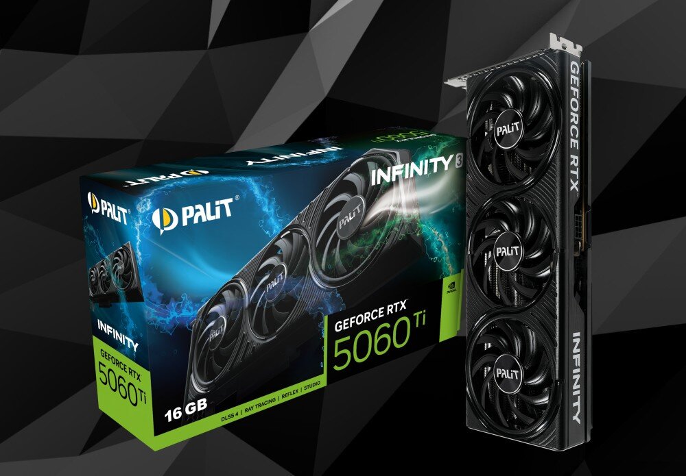 Karta graficzna PALIT GeForce RTX 5060 Ti Infinity 3 16GB Opakowanie i karta graficzna stojąca pionowo obok siebie na ciemnym tle z geometrycznym wzorem, widoczny napis 'INFINITY 3' oraz oznaczenie 'GeForce RTX 5070 12 GB', opis