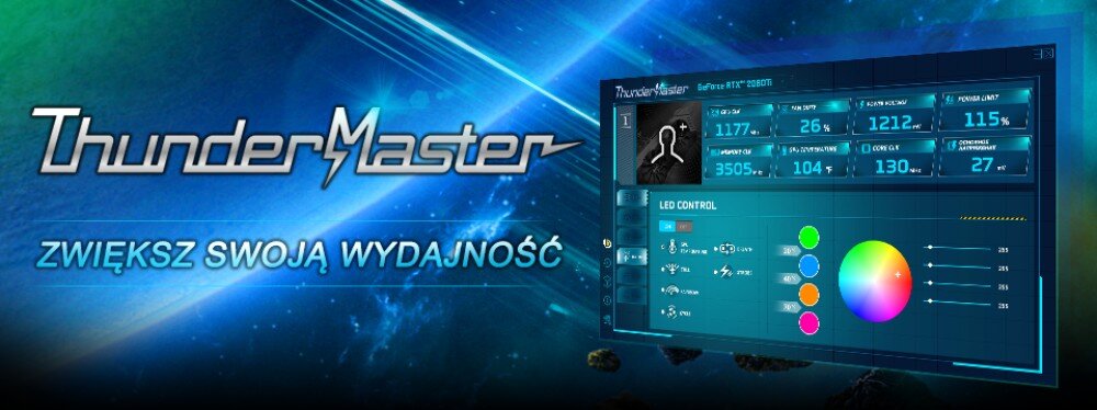 Karta graficzna PALIT GeForce RTX 5060 Ti Infinity 3 16GB Ekran aplikacji 'ThunderMaster' z kolorowym interfejsem, wykresami i kołem barw, w tle kosmiczny motyw z napisem 'Zwiększ swoją wydajność', aplikacja, sterowanie, narzędzia