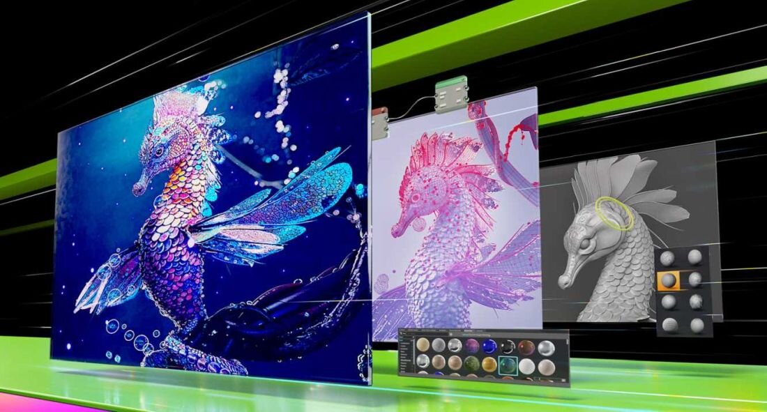 Laptop ACER Nitro V 16 - Kolorowa ekspozycja różnych animacji, podkreślona technologią NVIDIA RTX. AI, NVIDIA RTX i GeForce RTX