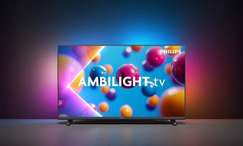 Telewizor PHILIPS 32PFS6900 kompaktowy Smart TV Full HD obraz dźwięk do małych pomieszczeń, telewizor stojący na ziemi oświetlony trybem Ambilight