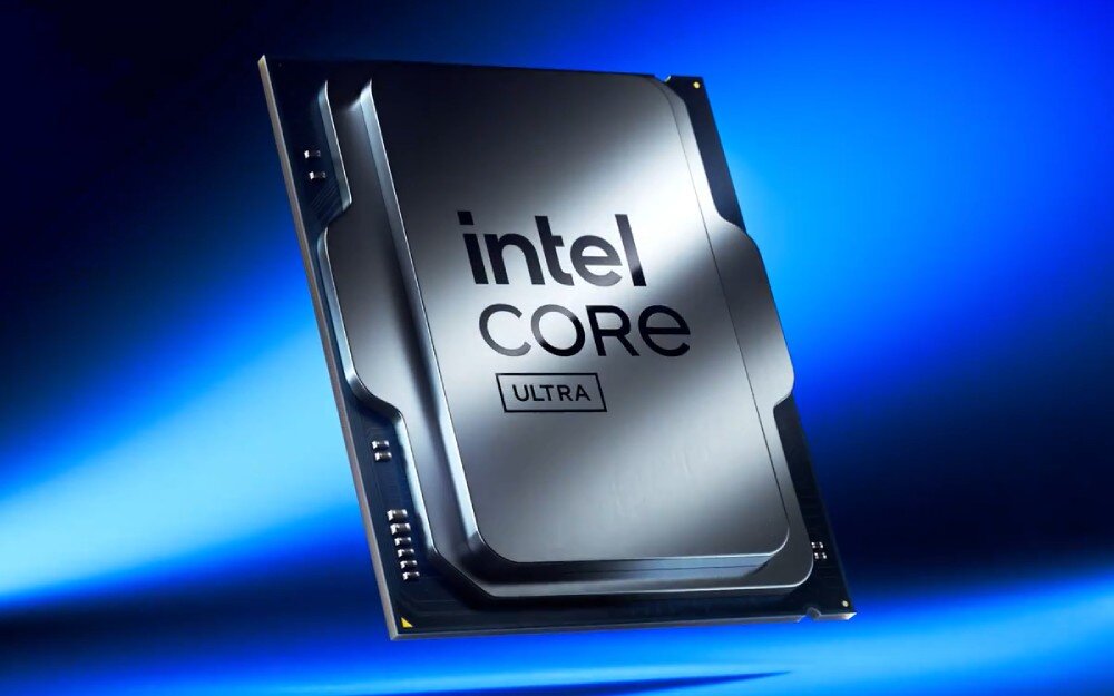 Komputer MAD DOG Powered by Gigabyte AORUS301-I14WR32WP Procesor na tle niebieskiego gradientu z wyraźnym logo i oznaczeniem modelu, rdzenie, architektura, wsparcie AI