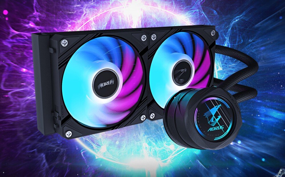 Komputer MAD DOG Powered by Gigabyte AORUS301-I14WR32WP Zestaw chłodzenia wodnego składający się z pompy, chłodnicy i dwóch wentylatorów z podświetleniem RGB w odcieniach niebieskiego i fioletowego, chłodzenie wodne procesora, chłodnica, podświetlenie, temperatura