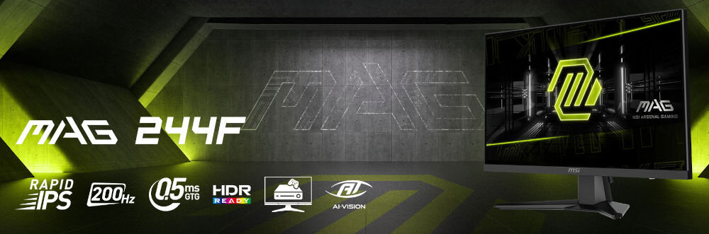 Monitor MSI Mag 244F 23.8 cala 1920x1080px IPS 200Hz 0.5 ms [GTG] prezentacja monitora w tle podświetlony ledami magazyn ikony technologii napis z modelem
