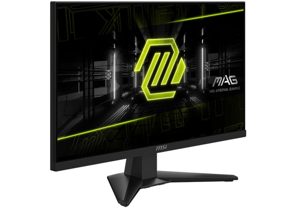 Monitor MSI Mag 244F 23.8 cala 1920x1080px IPS 200Hz 0.5 ms [GTG] prezentacja monitora od przodu pod kątem na białym tle panele Rapid IPS Full HD odświeżanie czas reakcji AMD FreeSync™ Premium eliminacja zacięć płynna responsywna rozgrywka