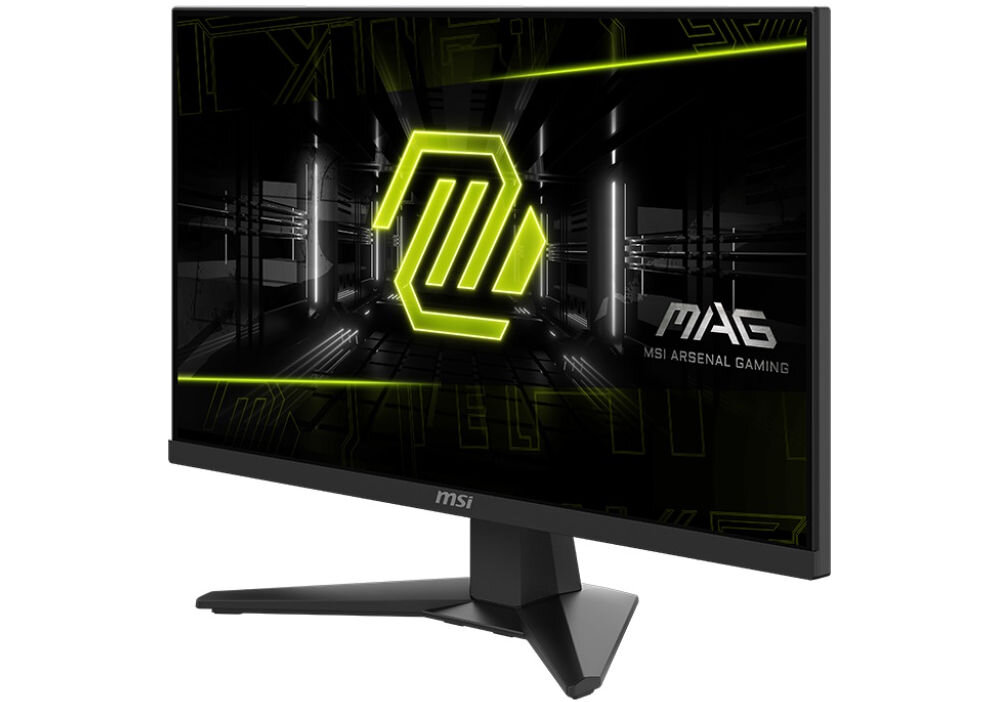 Monitor MSI Mag 244F 23.8 cala 1920x1080px IPS 200Hz 0.5 ms [GTG] prezentacja monitora na białym tle od przodu pod kątem elegancki design stabilność podstawa stabilność