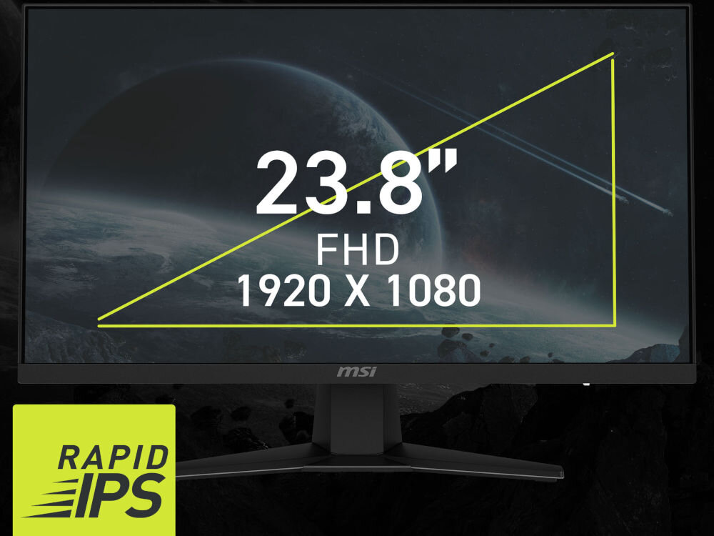Monitor MSI Mag 244F 23.8 cala 1920x1080px IPS 200Hz 0.5 ms [GTG] prezentacja monitora na galaktycznym tle rozmiar Rapid IPS rozdzielczość kąt widzenia 178 optymalizacja kolorów i jasności wyraźny obraz komfort