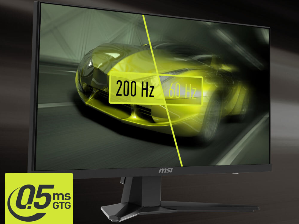 Monitor MSI Mag 244F 23.8 cala 1920x1080px IPS 200Hz 0.5 ms [GTG] prezentacja monitora na ciemnym tle pokazanie 200 Hz i 60 Hz na ekranie samochód jadący drogą odświeżanie płynny i łatwy do śledzenia kontrola nad grą reakcja