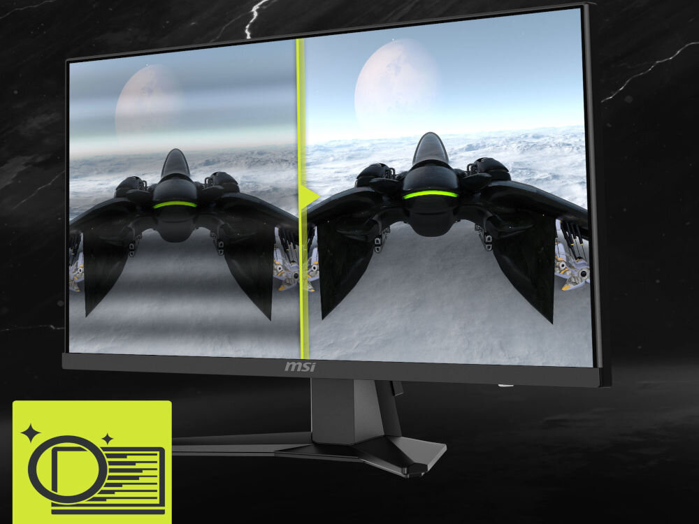 Monitor MSI Mag 244F 23.8 cala 1920x1080px IPS 200Hz 0.5 ms [GTG] prezentacja monitora na ciemnym tle porównanie powłoki Anti-Flicker eliminacja migotania obrazu wsparcie codziennego komfortu pracy