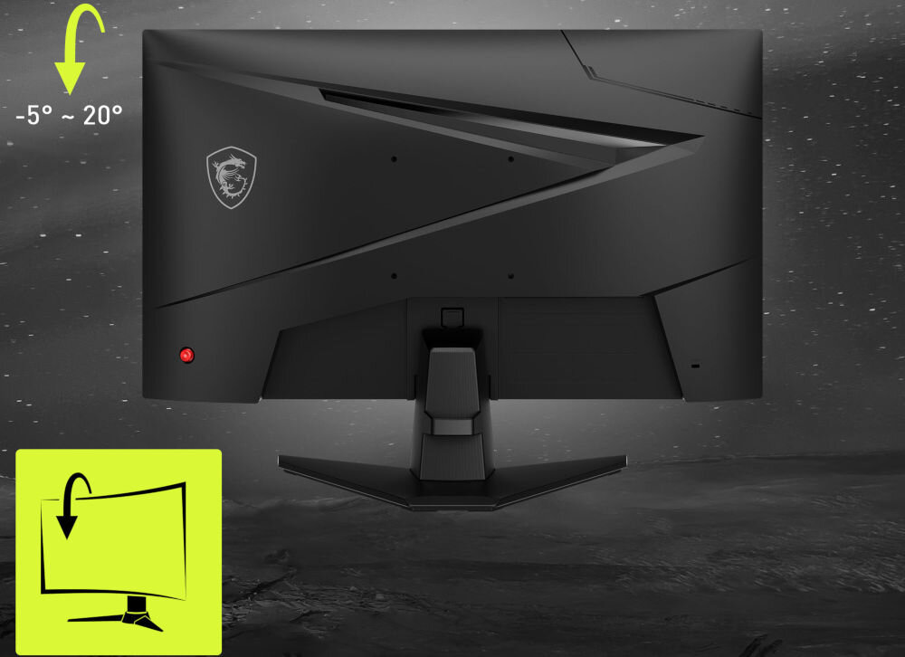 Monitor MSI Mag 244F 23.8 cala 1920x1080px IPS 200Hz 0.5 ms [GTG] prezentacja monitora od tyłu na szarym tle pokazanie możliwej regulacji dostosowanie pozycji ograniczenie napięcia