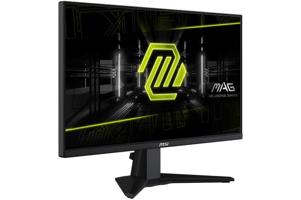Monitor MSI Mag 255XF 24.5 cala 1920x1080px IPS 300Hz 0.5 ms [GTG] prezentacja monitora od przodu pod kątem na białym tle panele Rapid IPS Full HD odświeżanie czas reakcji AMD FreeSync™ Premium eliminacja zacięć płynna responsywna rozgrywka