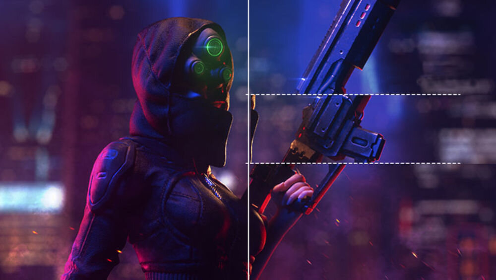 Monitor MSI Mag 255XF 24.5 cala 1920x1080px IPS 300Hz 0.5 ms [GTG] prezentacja działania technologii kobieta na tle wysokich budynków AMD FreeSync Premium eliminacja efektu rozrywania obrazu i opóźnienia stabilna płynna rozgrywka komfort