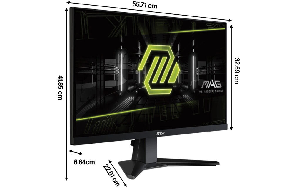 Monitor MSI Mag 255XF 24.5 cala 1920x1080px IPS 300Hz 0.5 ms [GTG] prezentacja monitora na białym tle od przodu pod kątem z wymiarami elegancki design stabilność podstawa stabilność