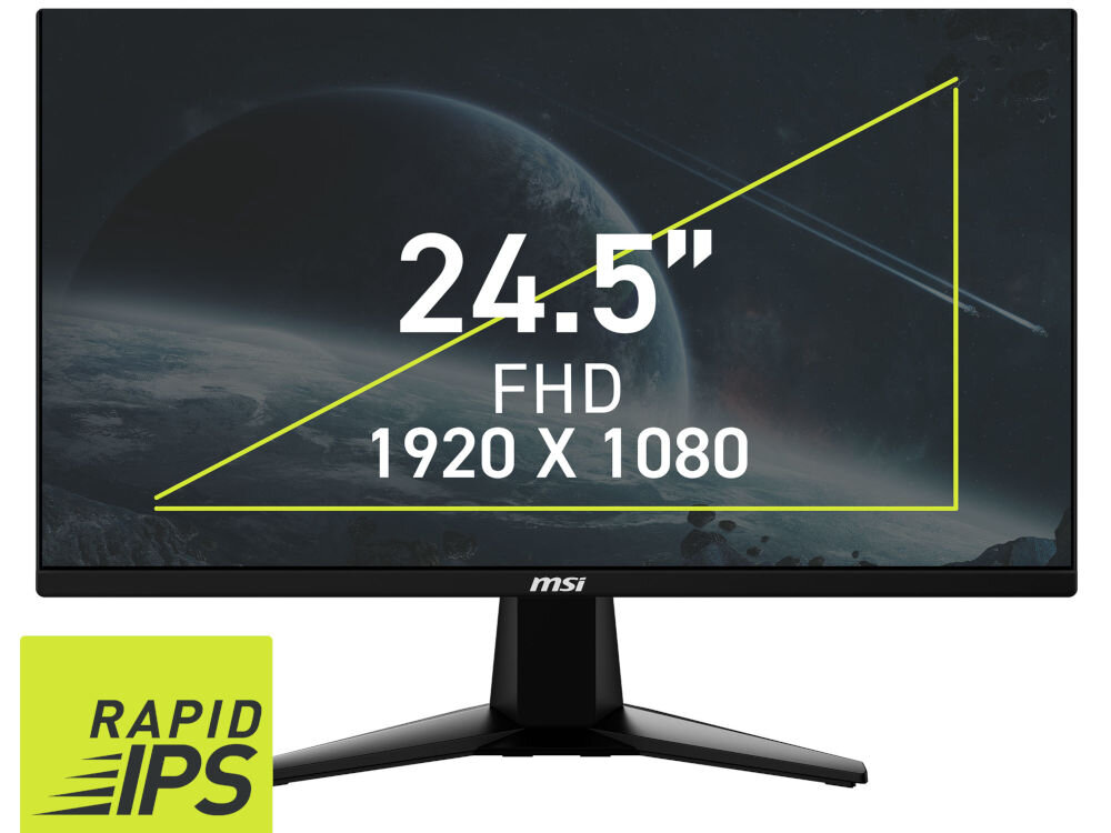 Monitor MSI Mag 255XF 24.5 cala 1920x1080px IPS 300Hz 0.5 ms [GTG] prezentacja monitora na ekranie galaktyczne tło rozmiar Rapid IPS rozdzielczość kąt widzenia 178 optymalizacja kolorów i jasności wyraźny obraz komfort