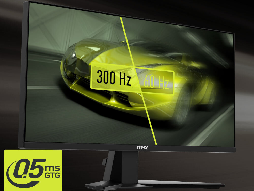 Monitor MSI Mag 255XF 24.5 cala 1920x1080px IPS 300Hz 0.5 ms [GTG] prezentacja monitora na ciemnym tle pokazanie 300 Hz i 60 Hz na ekranie samochód jadący drogą odświeżanie płynny i łatwy do śledzenia kontrola nad grą reakcja
