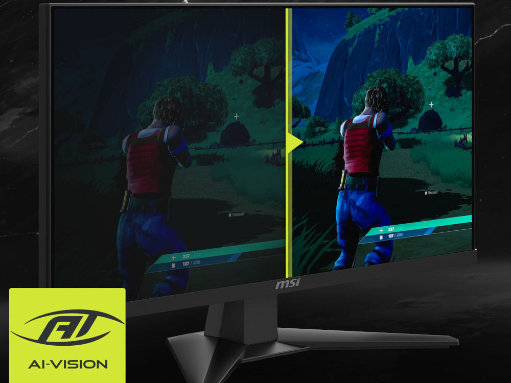 Monitor MSI Mag 255XF 24.5 cala 1920x1080px IPS 300Hz 0.5 ms [GTG] porównanie ekranu z gry z systemem i bez ciemne tło MSI AI Vision poprawa widoczności detali HDMI™ CEC synchronizacja wielu urządzeń ułatwienie obsługi