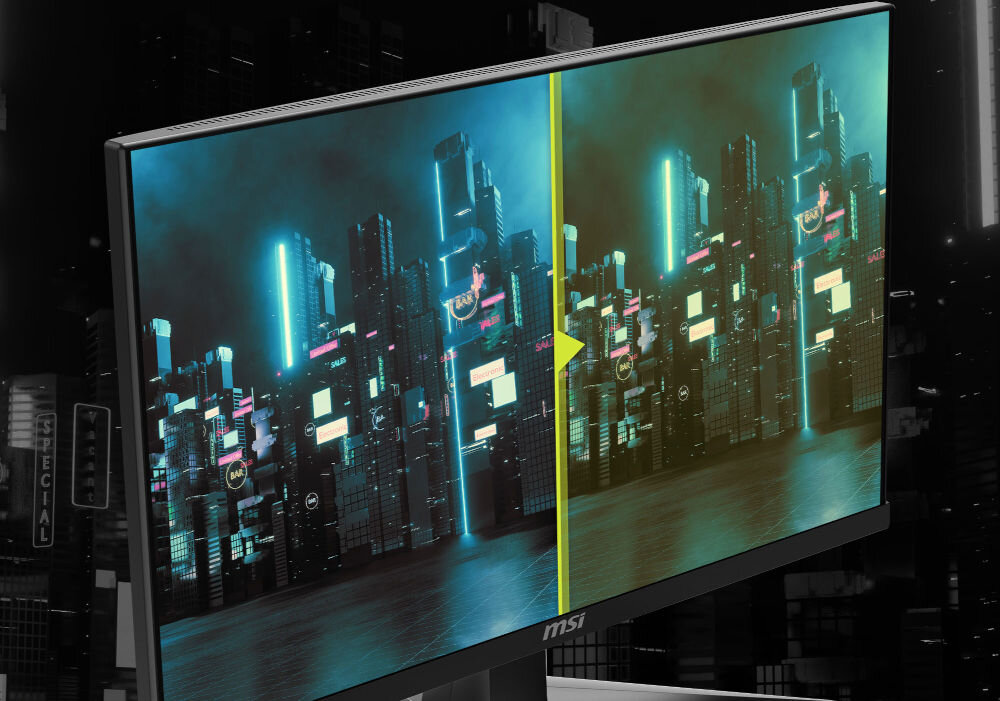 Monitor MSI Mag 255XF 24.5 cala 1920x1080px IPS 300Hz 0.5 ms [GTG] prezentacja monitora na ciemnym tle porównanie z technologią i bez Less Blue Light redukcja światła niebieskiego ograniczenie zmęczenia oczu