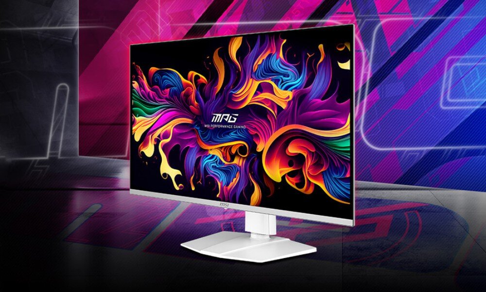 Monitor MSI MPG 321URXW Monitor komputerowy na białej podstawce wyświetlający kolorową tapetę z płynnymi kształtami, opis