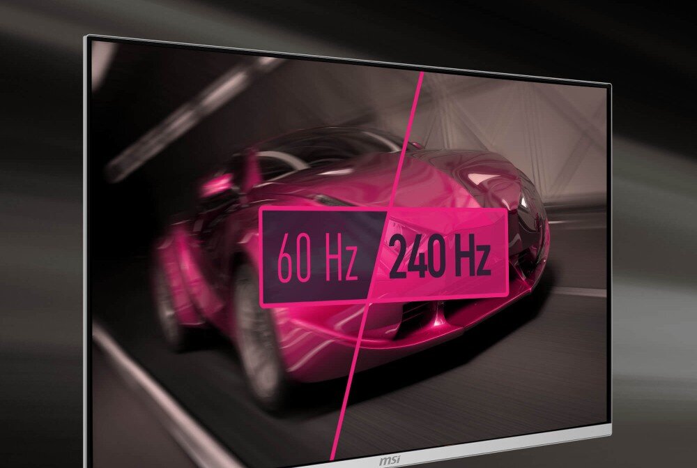 Monitor MSI MPG 321URXW Czerwony samochód wyścigowy na ekranie podzielonym ukośną linią oddzielającą obraz rozmyty w 60 Hz od ostrego w 240 Hz, odświeżanie, czas reakcji, synchronizacja