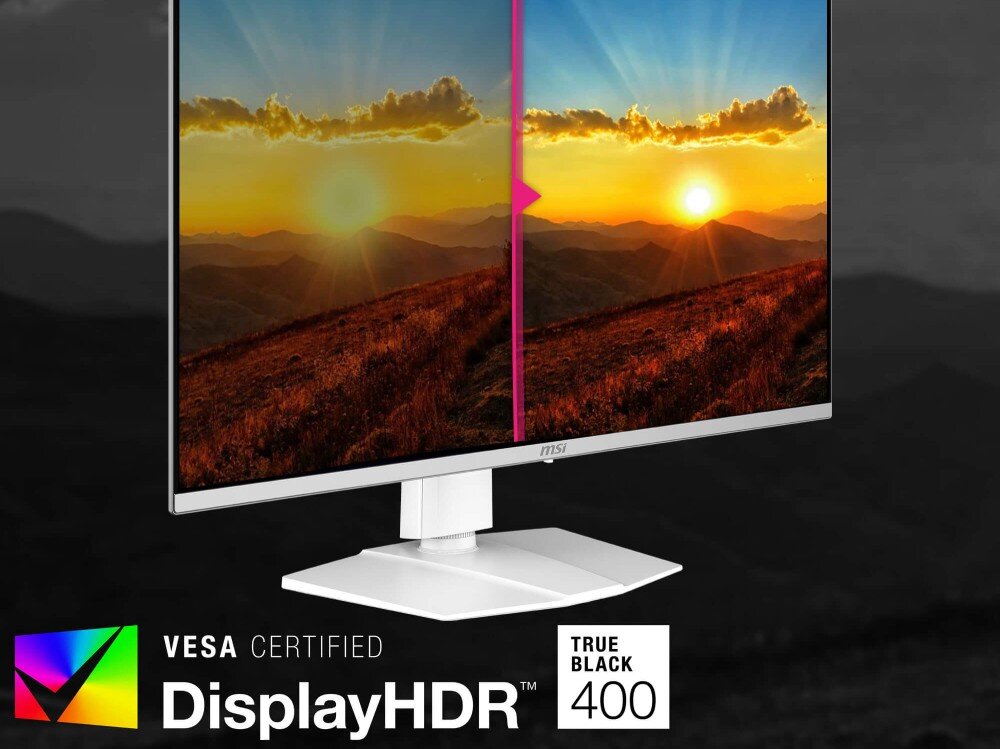 Monitor MSI MPG 321URXW Ekran podzielony na pół prezentujący różnicę w kontraście obrazu krajobrazu z oznaczeniem 'DisplayHDR True Black 400', certyfikaty, kontrast, jasność, HDR