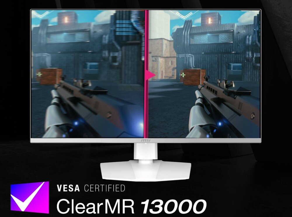 Monitor MSI MPG 321URXW Porównanie ostrości w grze FPS na dzielonym ekranie z logiem certyfikatu 'ClearMR 13000', czystość ruchu
