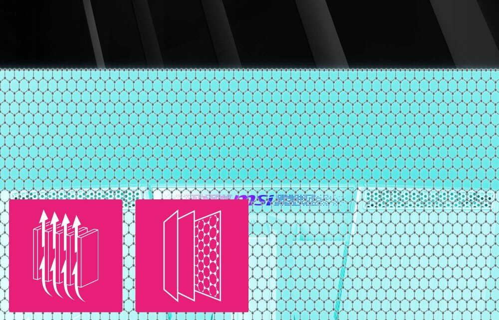 Monitor MSI MPG 321URXW Wizualizacja warstwy grafenowej i schemat pasywnego systemu odprowadzania ciepła z matrycy, chłodzenie, folia grafenowa, radiator