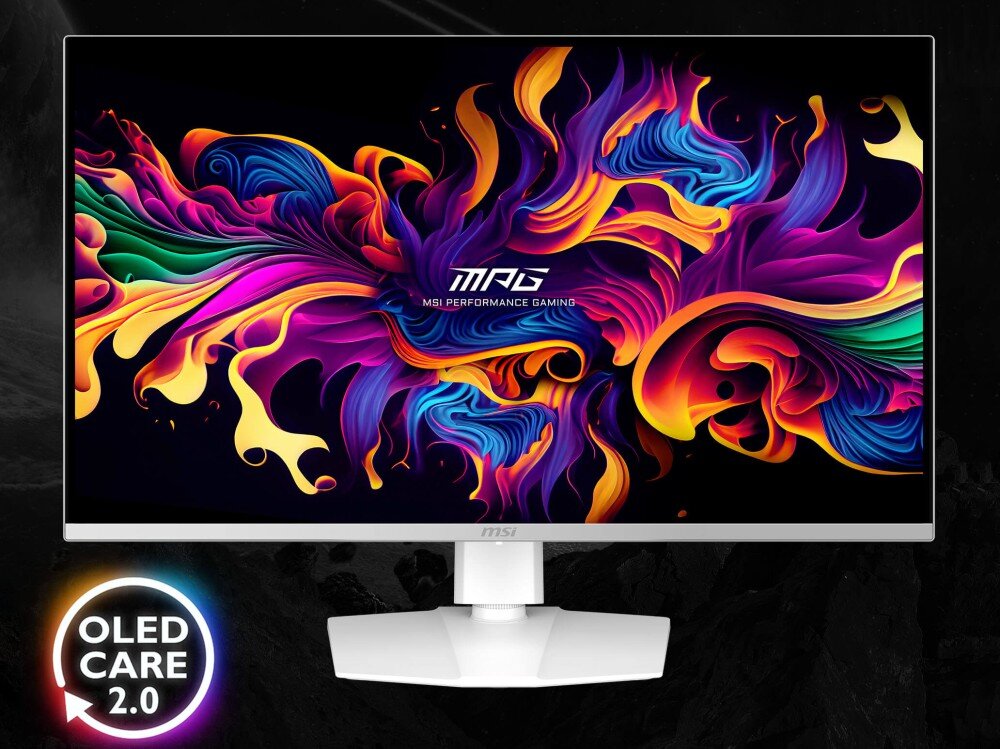 Monitor MSI MPG 321URXW Monitor z wyświetloną abstrakcyjną grafiką w żywych kolorach oraz logiem funkcji 'OLED CARE 2.0', ochrona przed wypaleniem, funkcje