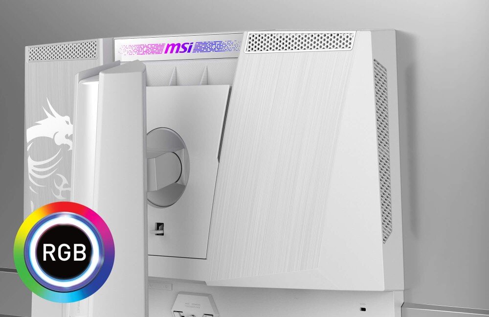 Monitor MSI MPG 321URXW Widok tylnej części białej obudowy monitora z logiem smoka i symbolem podświetlenia RGB, funkcja KVM, podświetlenie