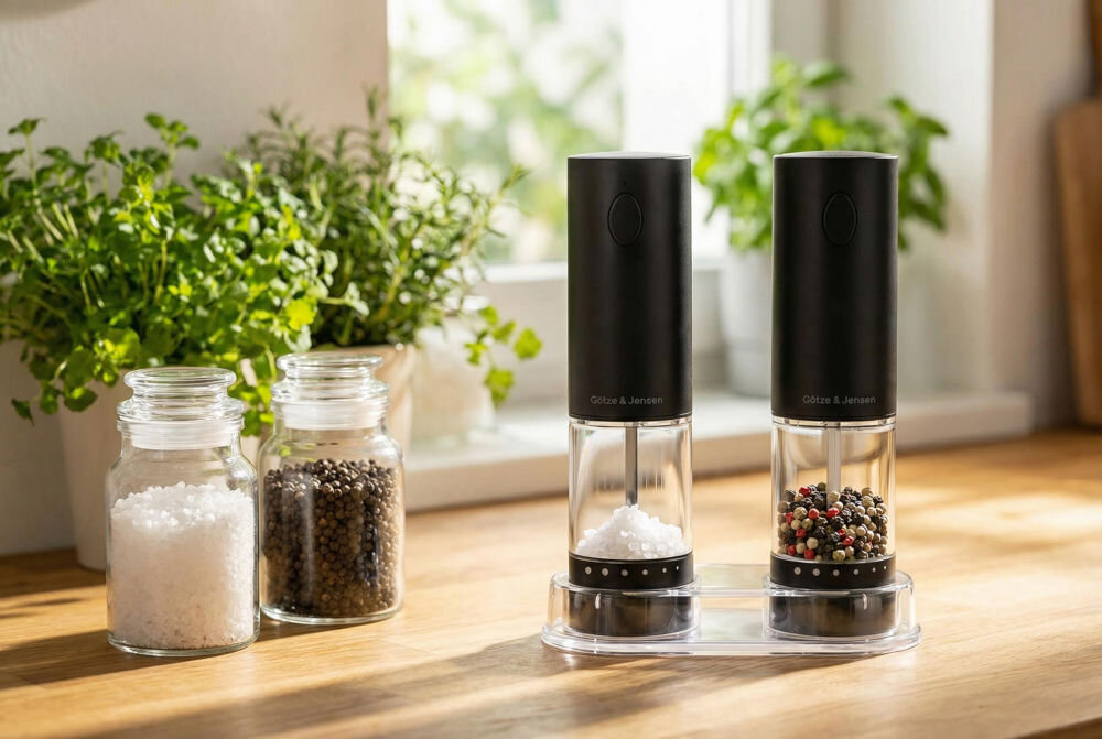Zestaw młynków do przypraw GÖTZE & JENSEN KA420 Zestaw dwóch czarnych elektrycznych młynków do soli i pieprzu Götze & Jensen KA420 na podstawce, stojących na drewnianym blacie kuchennym obok słoików z przyprawami.