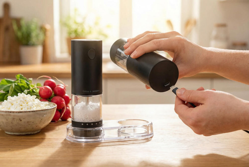 Zestaw młynków do przypraw GÖTZE & JENSEN KA420 Zbliżenie na ładowanie młynka do przypraw Götze & Jensen KA420 za pomocą kabla USB-C podłączanego do dolnej części urządzenia.