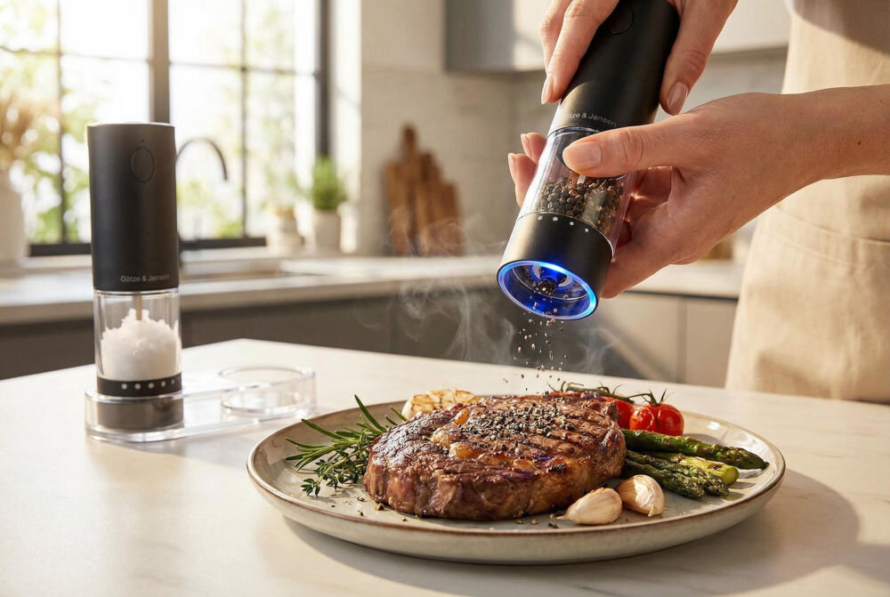 Zestaw młynków do przypraw GÖTZE & JENSEN KA420 Elektryczny młynek Götze & Jensen z włączonym podświetleniem LED mielący pieprz bezpośrednio nad smażonym stekiem z warzywami na talerzu.