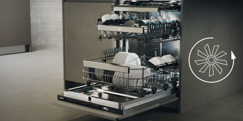 Zmywarka HAIER XYNERGY XS 63A4M4B Ramię X-spray Pompa ciepła A-30% TimeLight Prowadnice teleskopowe otwarta zmywarka ikona pompy ciepła mniejsze zużycie energii odzyskiwanie ciepła