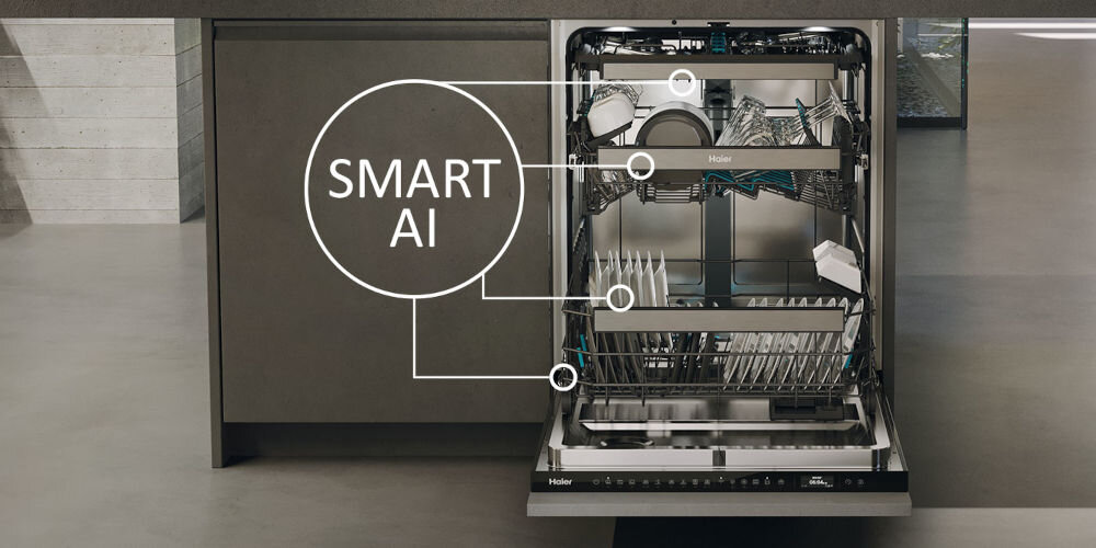 Zmywarka HAIER XYNERGY XS 63A4M4B Ramię X-spray Pompa ciepła A-30% TimeLight Prowadnice teleskopowe otwarta zmywarka napis smart AI inteligetny program analiza zabrudzenia naczyń