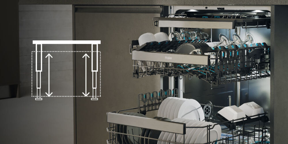 Zmywarka HAIER XYNERGY XS 63A4M4B Ramię X-spray Pompa ciepła A-30% TimeLight Prowadnice teleskopowe wysunięty górny kosz teleskopowe szyny stabilne wysuwanie