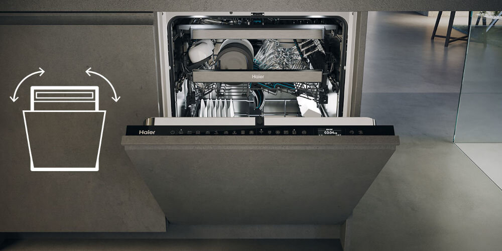 Zmywarka HAIER XYNERGY XS 63A4M4B Ramię X-spray Pompa ciepła A-30% TimeLight Prowadnice teleskopowe uchylone drzwi do zmywarki automatyczne otwieranie szybkie suszenie naturalne suszenie