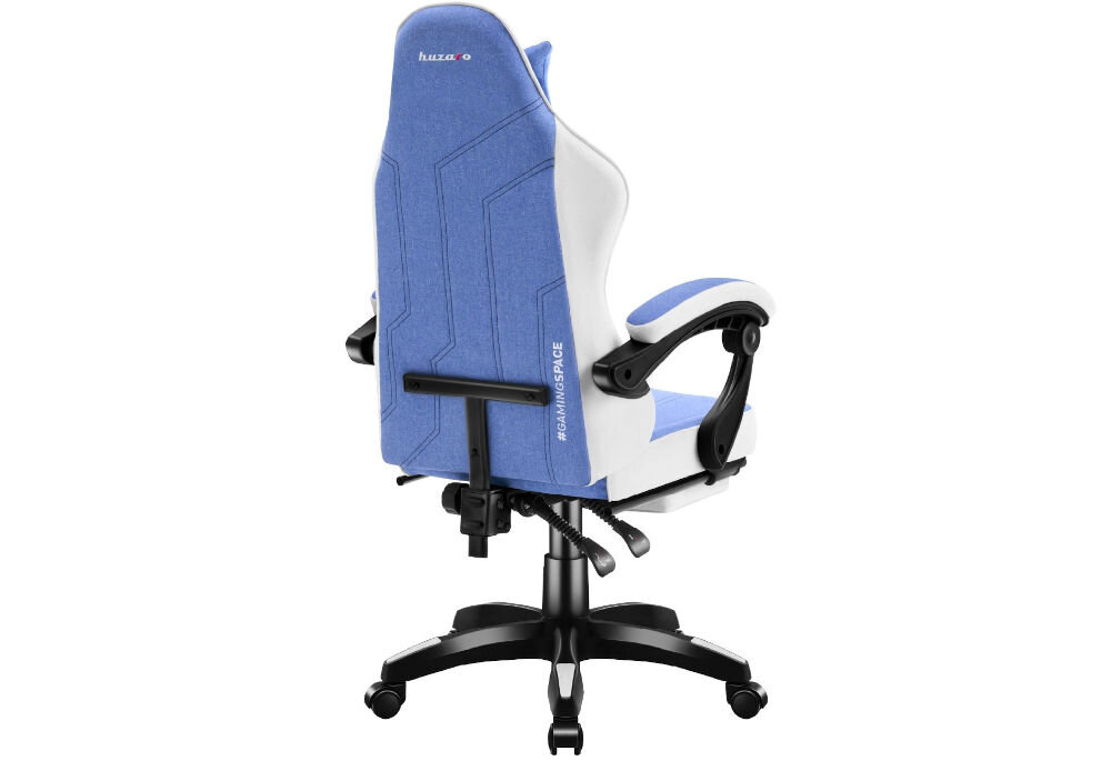 Fotel HUZARO Force 3.7 Niebieski prezentacja fotela na białym tle od tyłu pod kątem wyróżnij się energiczny sportowy wygląd inspirowany kokpitami samochodów wyścigowych stanowisko gamingowe