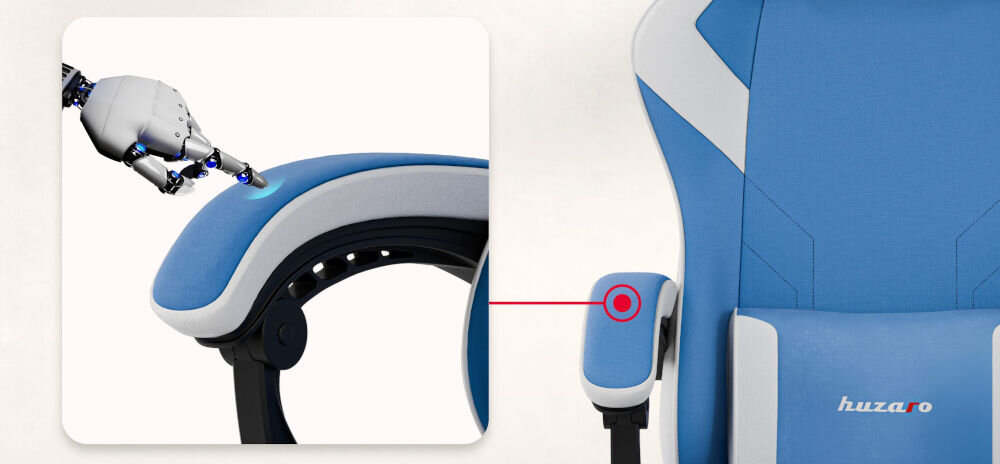 Fotel HUZARO Force 3.7 Niebieski zbliżenie na podłokietnik robot dotykający podłokietnik tło jasny delikatny gradient miękkość trwały materiał delikatna pianka komfort stabilne podparcie dla przedramion