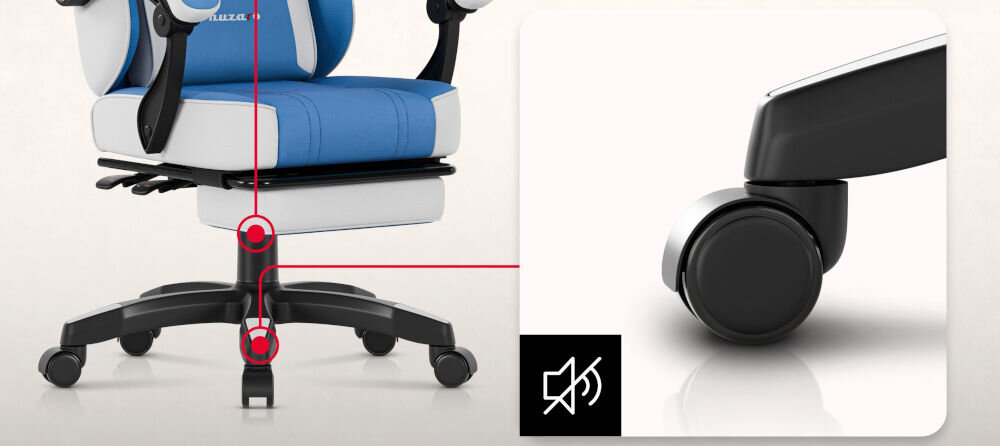 Fotel HUZARO Force 3.7 Niebieski zbliżenie na podwójne koła przekreślona ikona głośnika tło jasny delikatny gradient średnica 50 mm kauczuk i poliuretan płynność cisza nie zostawiają śladów ani zarysowań panele płytki