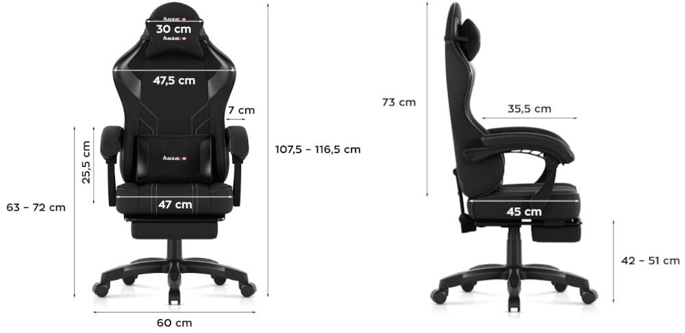 Fotel HUZARO Force 3.7 Czarny prezentacja wymiarów fotela od przodu i od boku na białym tle wymiary odpowiednie podparcie ciała komfort