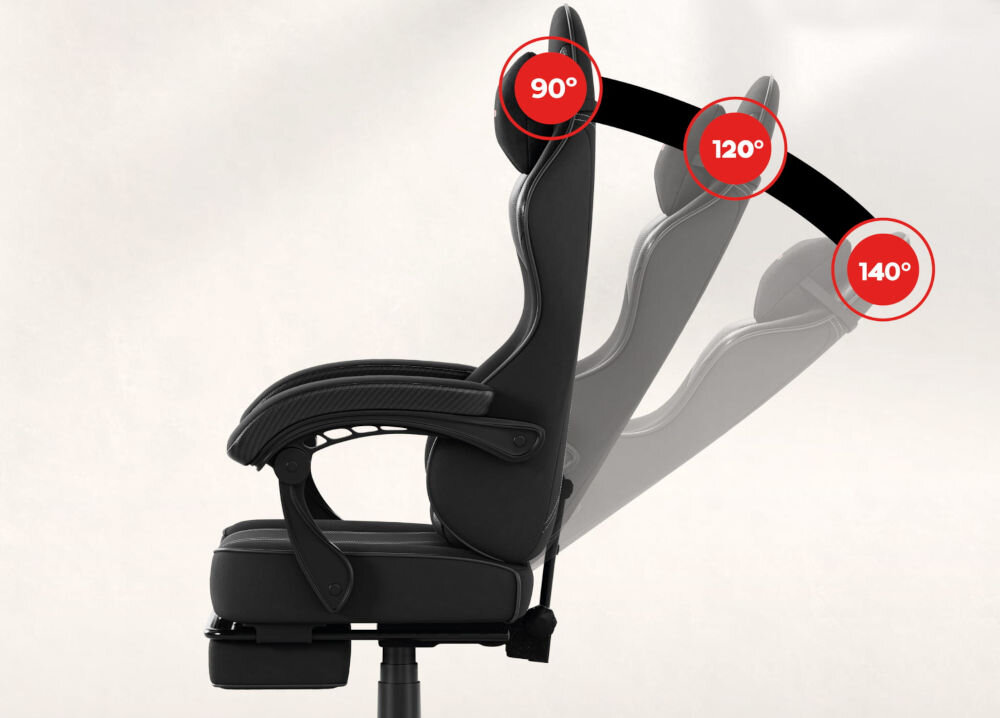 Fotel HUZARO Force 3.7 Czarny prezentacja fotela od boku i jego funkcji SeatRest tło jasny delikatny gradient regulacja kąta nachylenia oparcia dostosowanie oparcia do własnych preferencji stabilność komfort