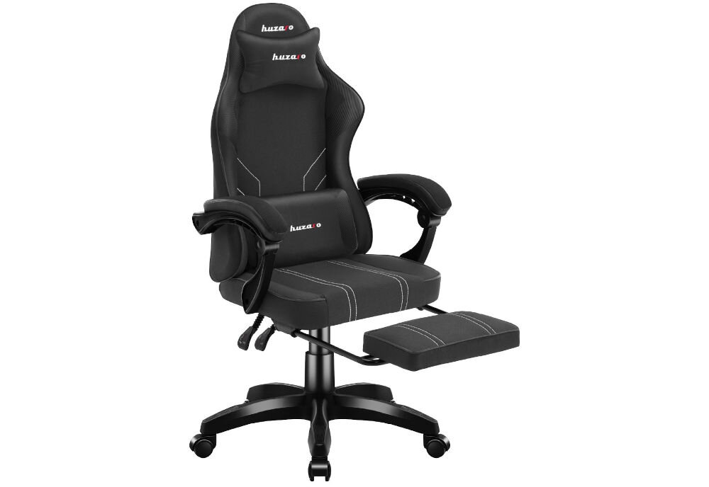 Fotel HUZARO Force 3.7 Czarny prezentacja fotela na białym tle od przodu pod kątem z wysuniętym podnóżkiem rozkładany podnóżek komfortowe wyciągnięcie nóg odprężenie funkcjonalny dodatek solidność