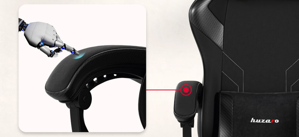Fotel HUZARO Force 3.7 Czarny zbliżenie na podłokietnik robot dotykający podłokietnik tło jasny delikatny gradient miękkość trwały materiał delikatna pianka komfort stabilne podparcie dla przedramion