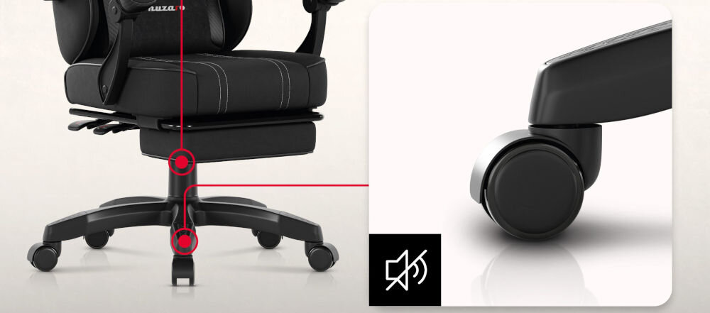 Fotel HUZARO Force 3.7 Czarny zbliżenie na podwójne koła przekreślona ikona głośnika tło jasny delikatny gradient średnica 50 mm kauczuk i poliuretan płynność cisza nie zostawiają śladów ani zarysowań panele płytki