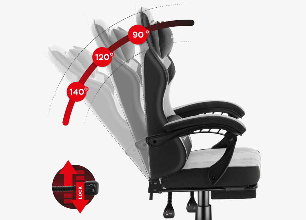 Fotel HUZARO Force 3.7 Szaro-czarny prezentacja fotela na szarym tle od boku i jego funkcji SeatRest regulacja kąta nachylenia oparcia dostosowanie oparcia do własnych preferencji stabilność komfort