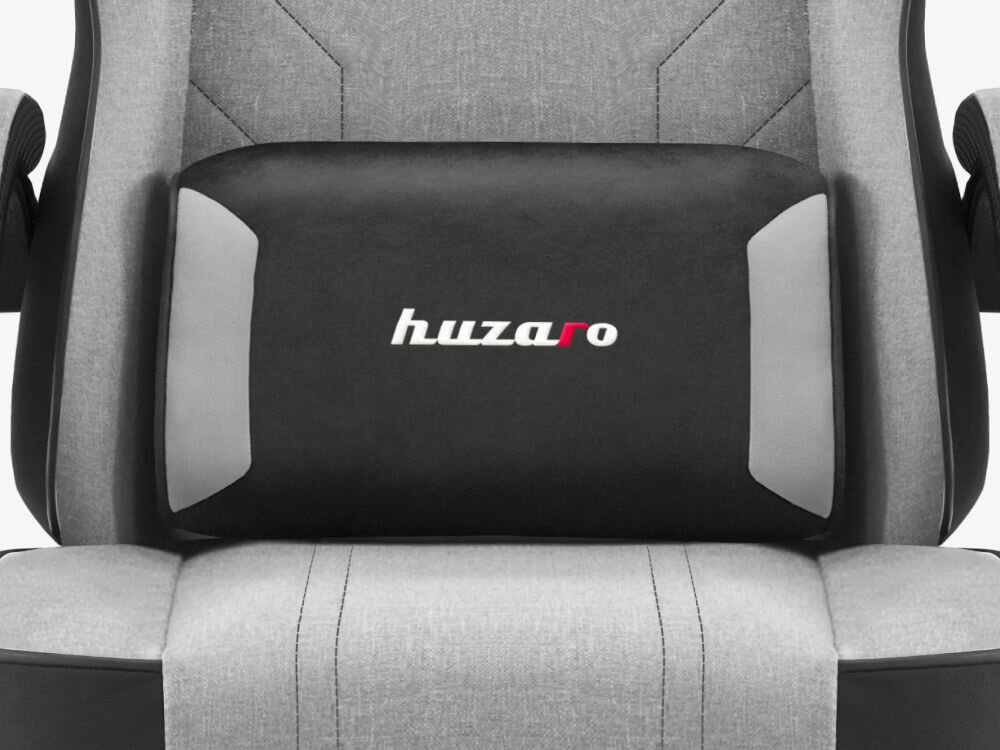 Fotel HUZARO Force 3.7 Szaro-czarny zbliżenie na poduszkę lędźwiową fotela ergonomia wspiera naturalne krzywizny kręgosłupa redukcja napięcia mięśni pomaga utrzymać prawidłową postawę