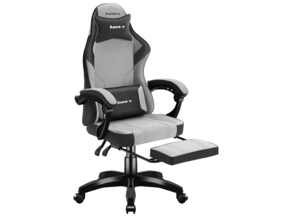 Fotel HUZARO Force 3.7 Szaro-czarny prezentacja fotela na białym tle od przodu pod kątem z wysuniętym podnóżkiem rozkładany podnóżek komfortowe wyciągnięcie nóg odprężenie funkcjonalny dodatek solidność