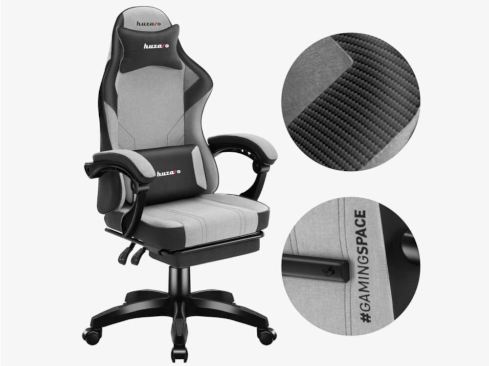 Fotel HUZARO Force 3.7 Szaro-czarny prezentacja fotela zbliżenia na sportowe akcenty funikcjonalność subtelność detale samochody wyścigowe