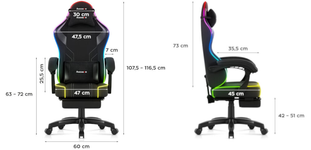 Fotel HUZARO Force 3.7 RGB Czarny prezentacja wymiarów fotela od przodu i od boku na białym tle wymiary odpowiednie podparcie ciała komfort